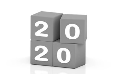 Yeni yıl değişimi. Yeni yıl 2020 beyaz arka plan üzerinde izole kırmızı küpler üzerinde rakamlar