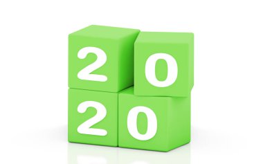 Yeni yıl değişimi. Yeni yıl 2020 beyaz arka plan üzerinde izole kırmızı küpler üzerinde rakamlar