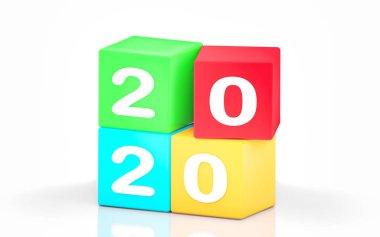 Yeni yıl değişimi. Yeni yıl 2020 beyaz arka plan üzerinde izole kırmızı küpler üzerinde rakamlar