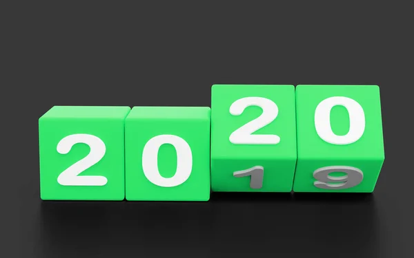 2020 New year change, turn. 2020 start 2019 end, dice isolated against white background. 3d illustration