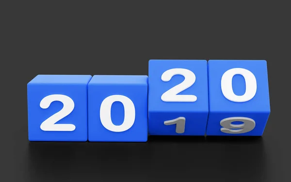 2020 New year change, turn. 2020 start 2019 end, dice isolated against white background. 3d illustration