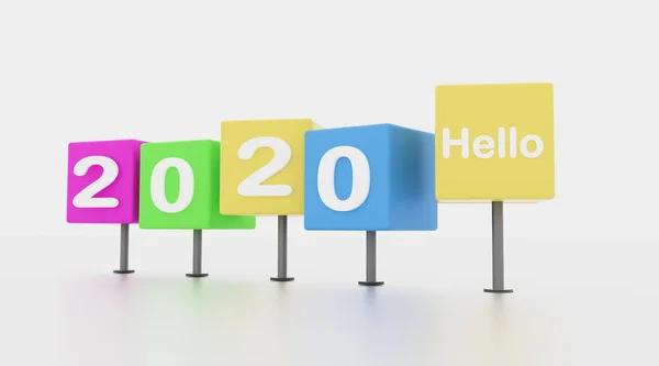 2020 novo cubo colorido ano com pedestall em costas brancas isoladas — Fotografia de Stock