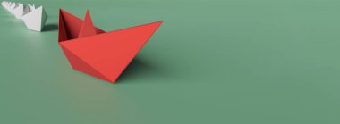 Liderlik kavramının 3 boyutlu çizimi, sağdaki kırmızı kağıttan bir tekne, soldan sağa doğru beyaz kağıt bir tekne grubunu yönetiyor.
