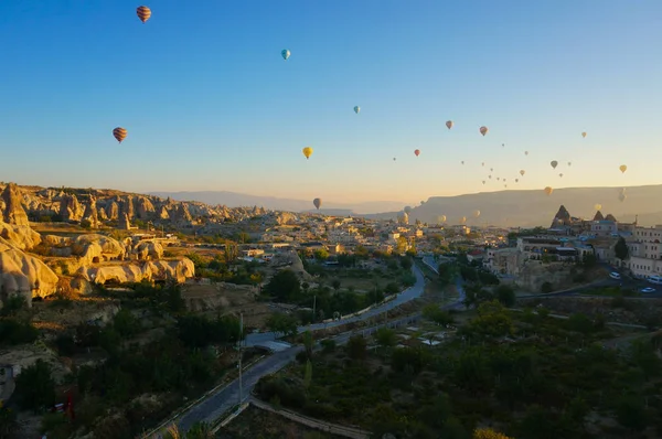 Top view of the balloons over Cappadocia meets the dawn
