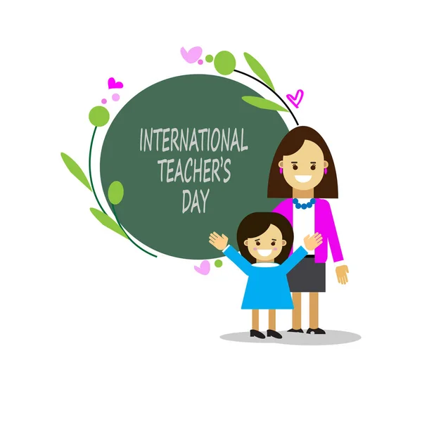tahtada bir kız öğrenci ile neşeli öğretmen. Uluslararası öğretmenler günü. Tüm öğretmenleri tebrik ederim