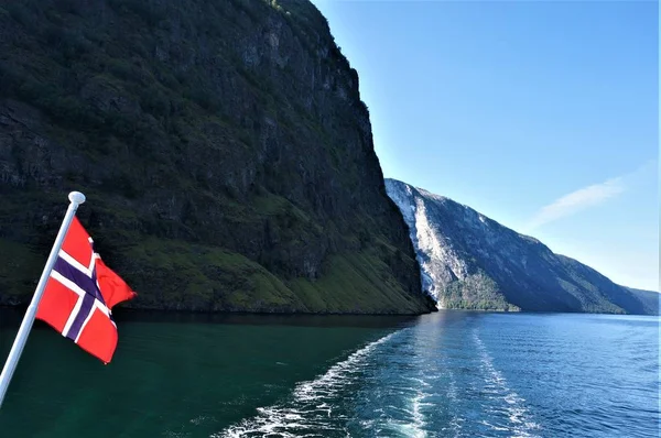 Norwegian Flag Background Norwegian Fjords Mountains — Stock Photo, Image