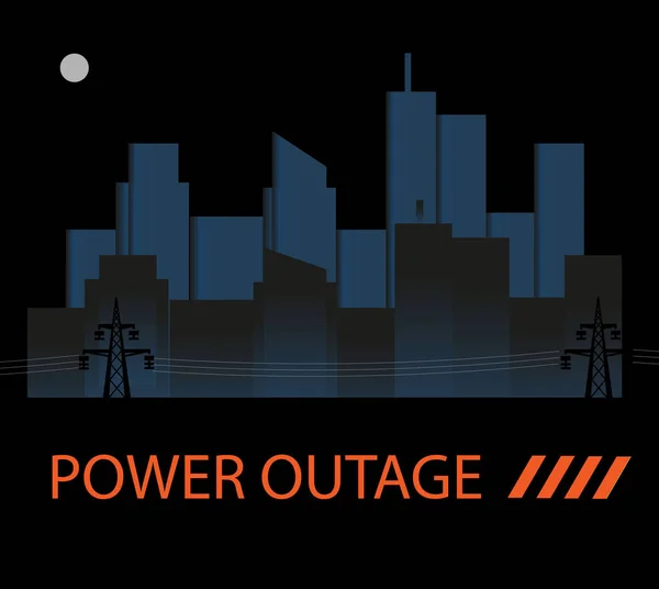 power outage in the metropolis. Night, dark city skyline. The moon illuminates the power lines