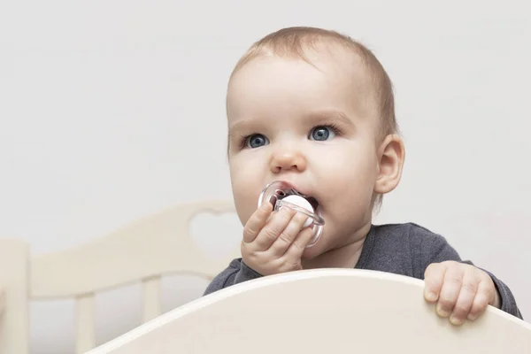 Portrait european caucasian baby toddler funny thrusts a pacifier into his mouth and looks away, holds on to the bed. On a white background. Age - 10 months - 1 year. — Stock Photo, Image
