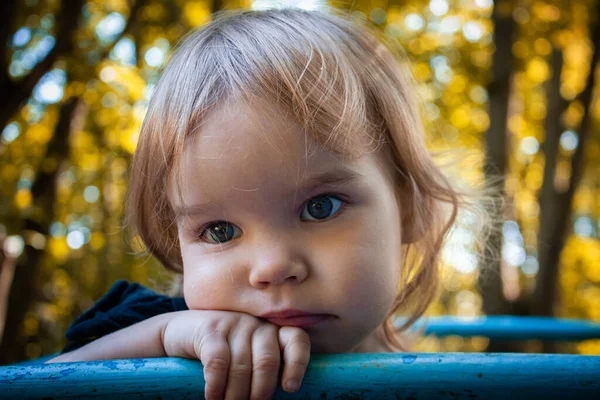 Niño pequeño niña triste en el parque en el fondo del follaje de otoño. Se acabó el verano. Retrato de una chica triste pensativa —  Fotos de Stock