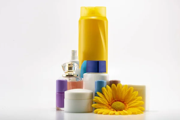Care Set Consisting Shampoo Parfume Lotion Soap Nail Polish Sun — Stock Photo, Image