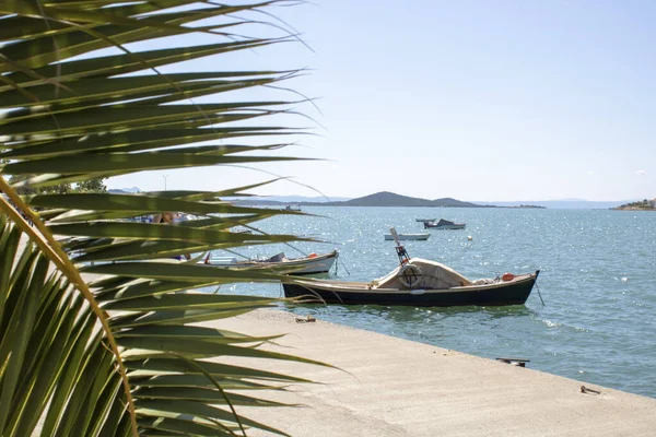 Verankertes Boot am Meer und Palmenblätter auf der rechten Seite des Fotos. — Stockfoto