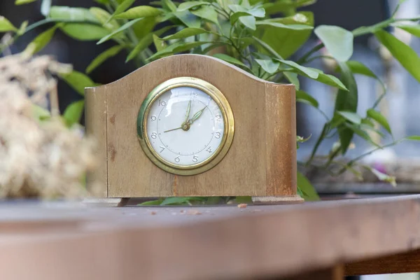 Primo piano dell'orologio analogico vecchio stile. Telaio in legno. In piedi sul tavolo. Piante verdi sullo sfondo — Foto Stock