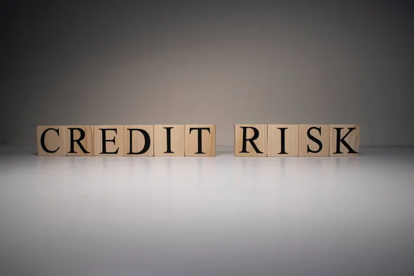 The word credit risk from wooden blocks. Business and banking concept. Spot light on white background.