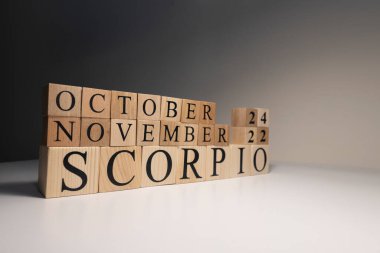 Akrep burcu beyaz arka planda tahta küplerle ilgili. Stüdyoda ve spot ışıklarıyla çekilmiş. Zodiac veya yıldız işaretleri 12 burçtan oluşur.