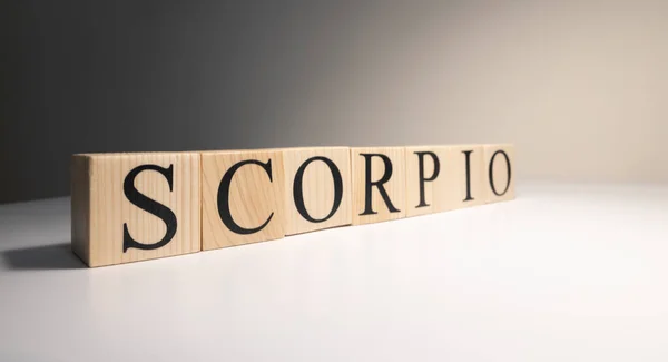 Scorpio Word Wooden Cubes White Background Photographed Studio Spot Light — Stock Photo, Image