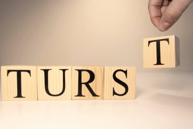 Tahta küplerden güven kelimesi. Leke ışığı ve beyaz arkaplan.