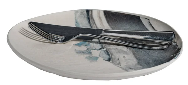 Nerezový Nůž Vidlice Leží Dekorativní Desce Izolovaný Obraz Bílém Pozadí — Stock fotografie