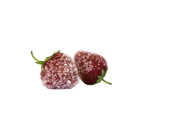 Deux Fraises Rouges Sucre Avec Des Feuilles Vertes Sur Fond — Photo