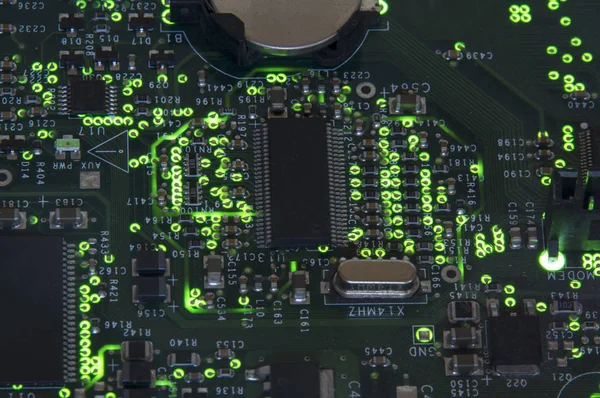 Grün Glühende Platine Mit Speichermodul Mikrocontroller Smd Installation — Stockfoto