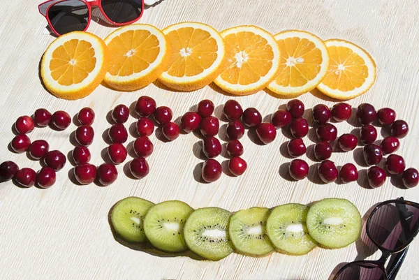 Inscription Summer Made Fruits Sweet Cherry Orange Kiwi — Stock Photo, Image