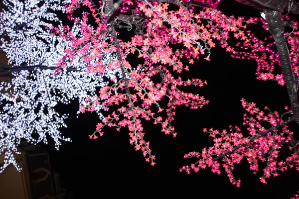 Karanlık bir gecede kırmızı ve beyaz renklerin Noel ışıkları