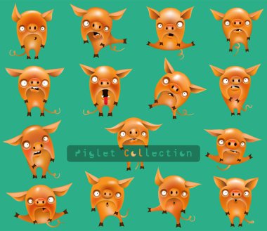 Turkuaz bir arka plan üzerinde komik turuncu domuz yavruları Koleksiyonu. Vektör çizimi. 