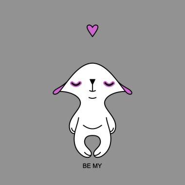 Sevgililer günü, tebrik kartı, davetiye. Sevimli beyaz aşık mutlu oyuncak ayı düşünüyor, gri bir arka plan üzerinde rüyalar. Vektör