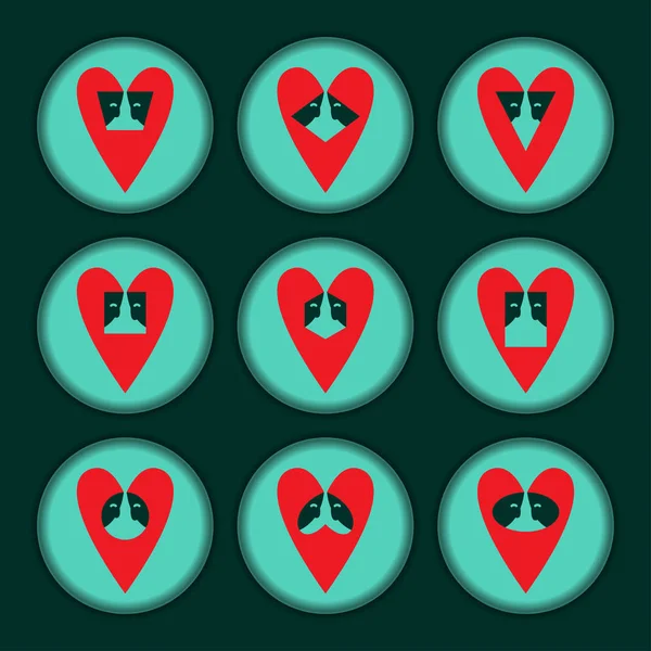 A collection of hearts composed of faces of people and geometric shapes. Vector illustration.