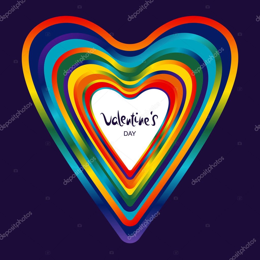 Greeting Card Happy Valentine's Day. Logo, emblem, postcard, invitation card with the image of all colors of the rainbow. Vector illustration.