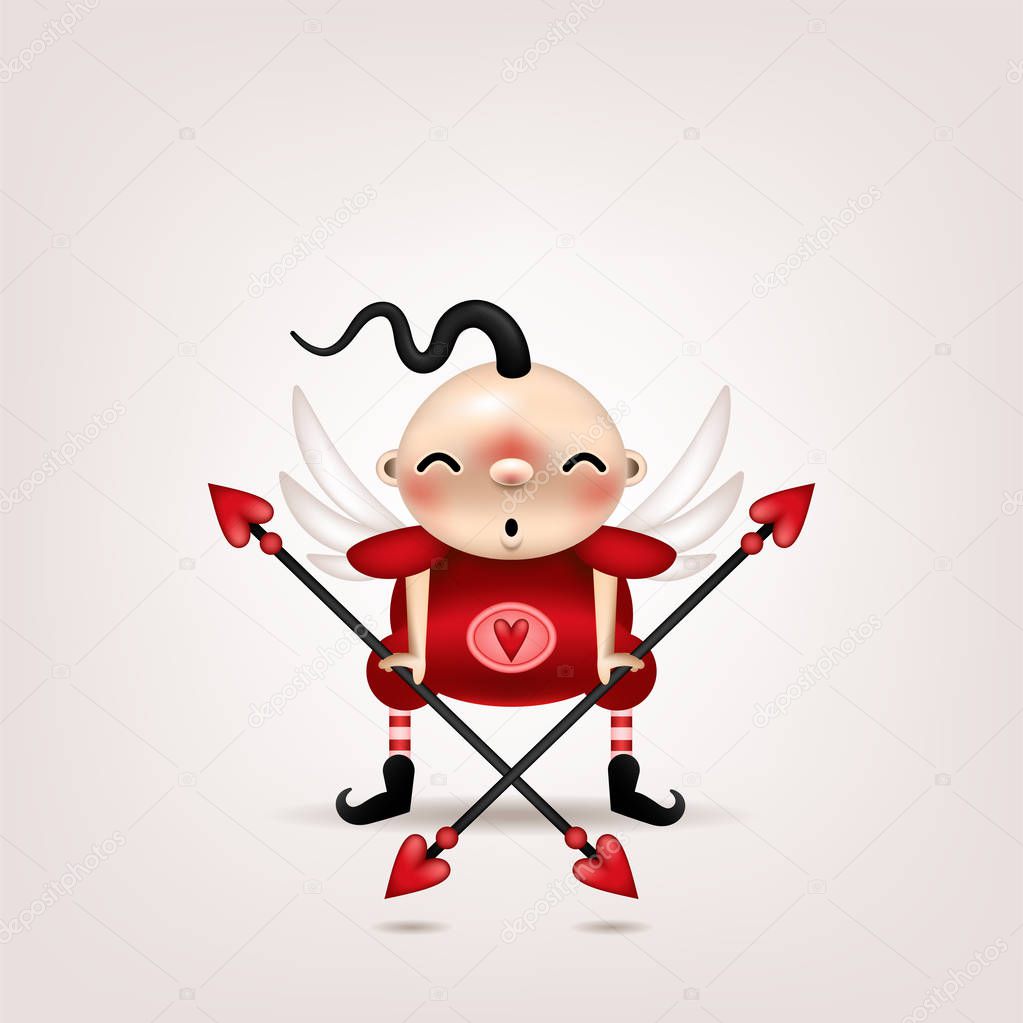 Greeting card, invitation. Funny little dark-haired boy with an arrow and a bow of cupid is posing on a light background. Vector illustration.
