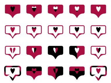 Modern işaretler, semboller ve simgeler. Set, siyah, kırmızı, beyaz renkli seviyor kalpleri koleksiyonu. Beyaz arka planda izole edilmiş. Vektör illüstrasyon. Set 3.
