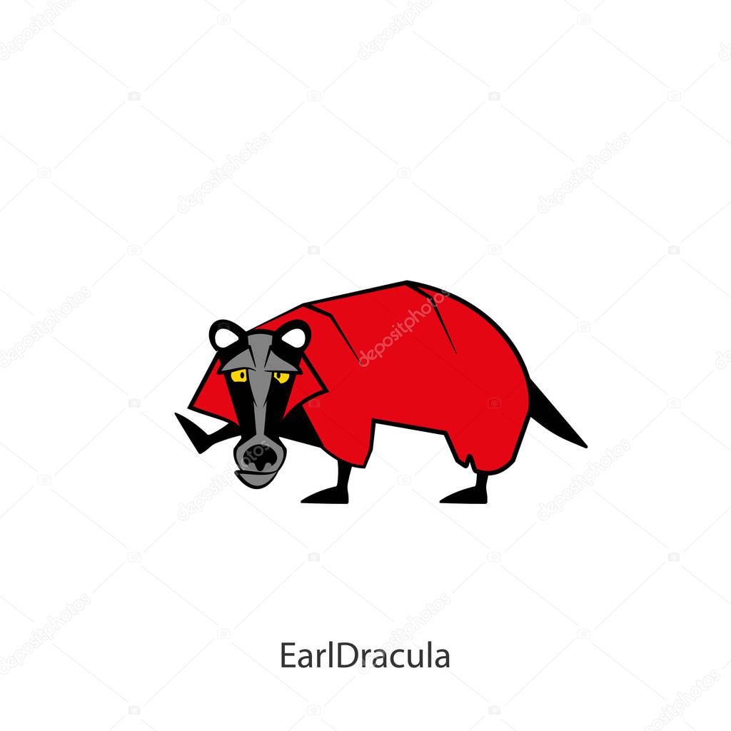 Cartoon character of a forest animal. Funny cool badger stands welcoming holding up a paw on a white background. Vector illustration. Earl Dracula.