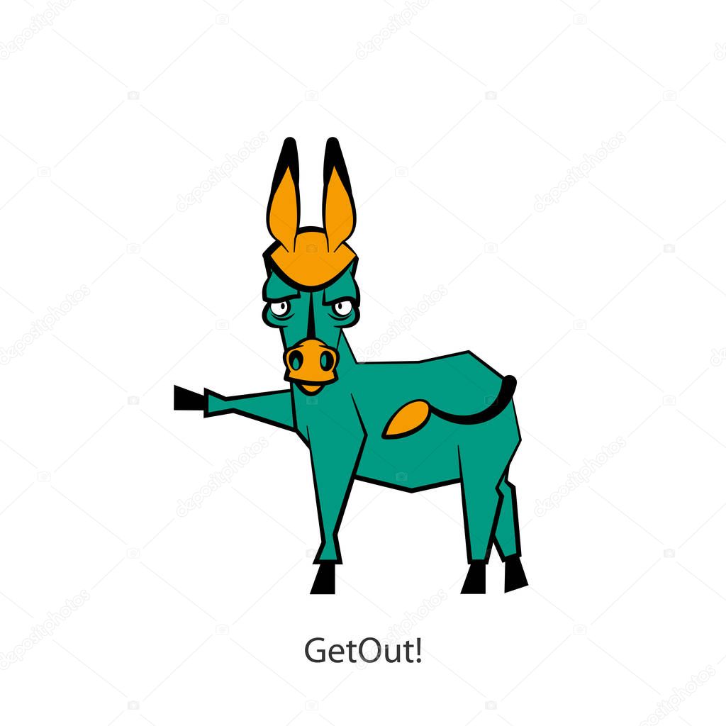 Cartoon character farm animal. A funny, cool, serious donkey stands with one leg up and grimaces against a white background. Vector illustration. Catches a taxi. Get out!