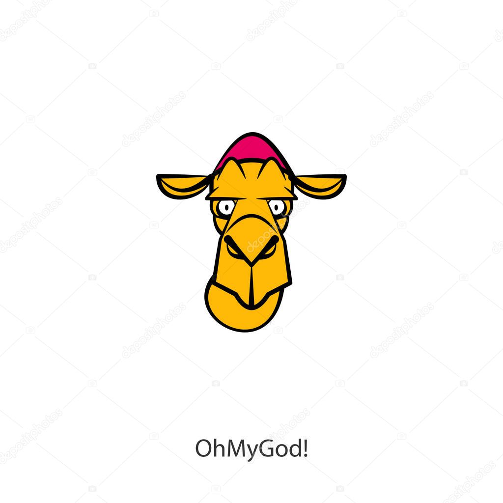 Cartoon character of an eastern or farm animal. Head of a funny tough scared camel. Vector. Conceptual. Oh my God! What is it?