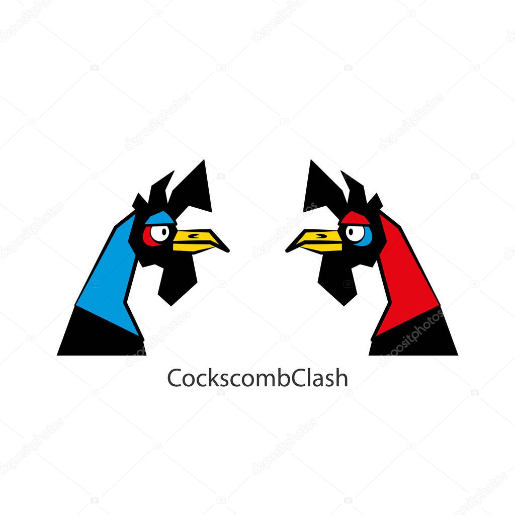 Cartoon farmer feathered character. Heads of funny cool colored roosters. Vector. Cock-fights. Conceptual. Cockscomb clash. Tet-a-tet.