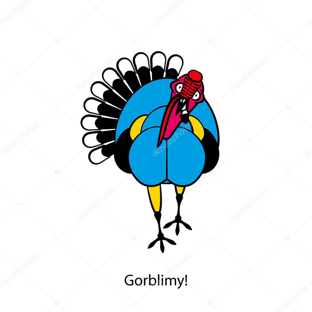 Cartoon character farm bird. A funny cool turkey stands and tilts his head to grimace with his beak open against a white background. Vector illustration. Gee!Geez!Gorblimy!