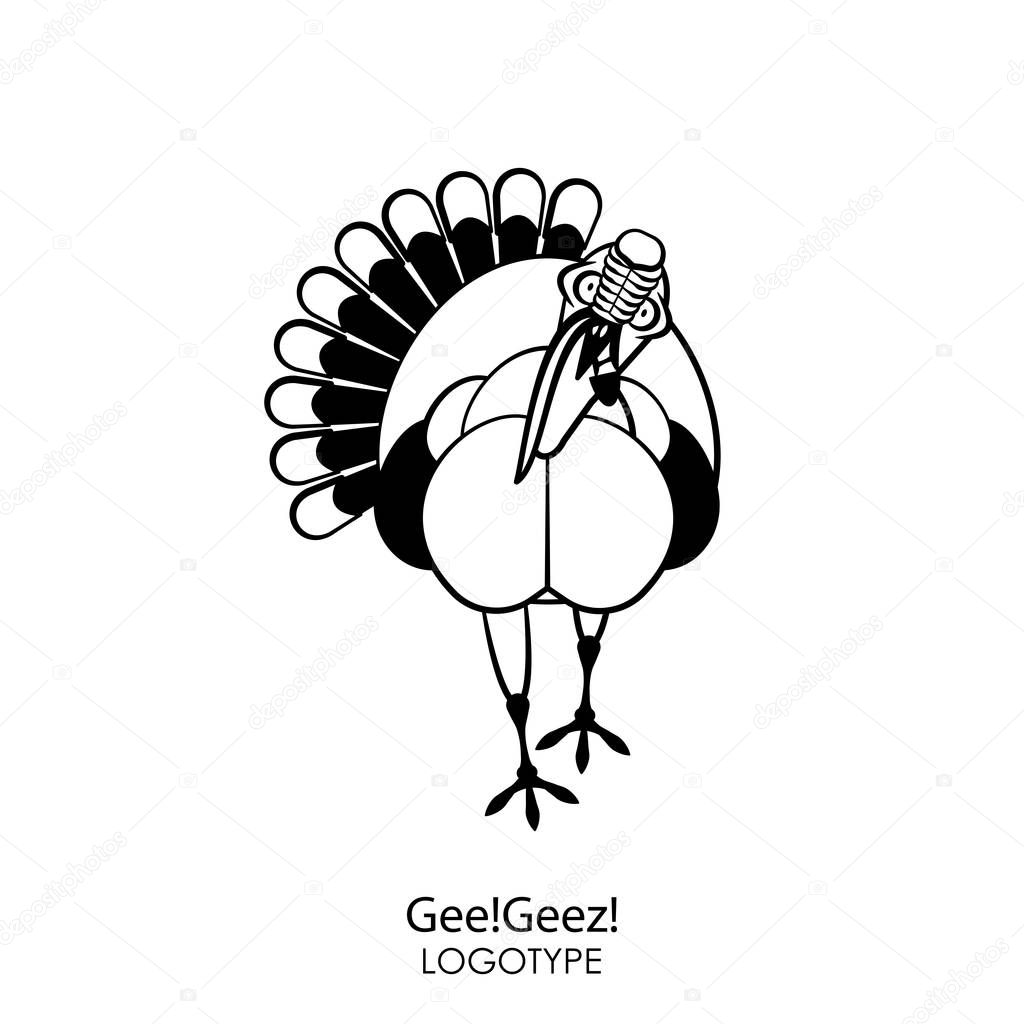 Cartoon character farm bird. A funny cool turkey stands and tilts his head to grimace with his beak open against a white background. Vector illustration. Gee!Geez!