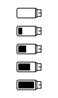 Düz doğrusal tasarım. Uygulamalar, web siteleri ve genel kullanım için farklı boyutta ücretsiz bellek içeren flash kartın rozetleri. Vektör çizimi.