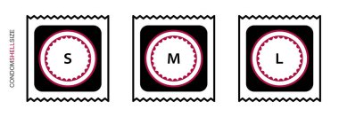 Düz tasarım. Prezervatiflerin boyuta göre sınıflandırılması. Uygulamalar, web siteleri ve genel kullanım için boyutu ile Prezervatif simgesi. Vektör illüstrasyon. Prezervatif pakette katlanmış. Küçük, orta, büyük.