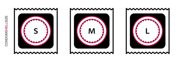 Flat design. Classification of condoms by size. Condom icon with size for applications, web sites and public use. Vector illustration. Condom folded in the package. Small, medium, large.