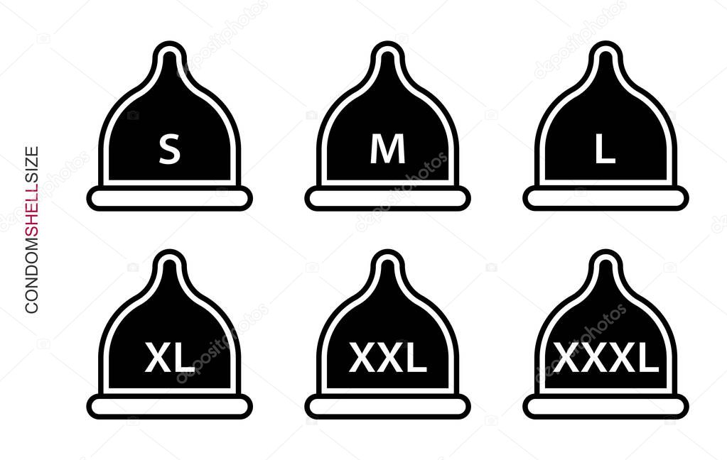 Flat design. Classification of condoms by size. Condom icon with size for applications, web sites and public use. Vector illustration. Condom folded. Small, medium, large, extra large.