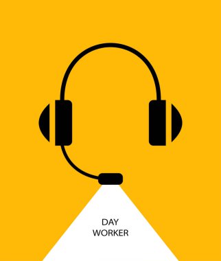 Gündüz işçisi. Düz doğrusal tasarım. Kulaklıklı monaural stereo kulaklıklar. Mikrofonlu kulaklıklar. Arka Plan - Vektör.