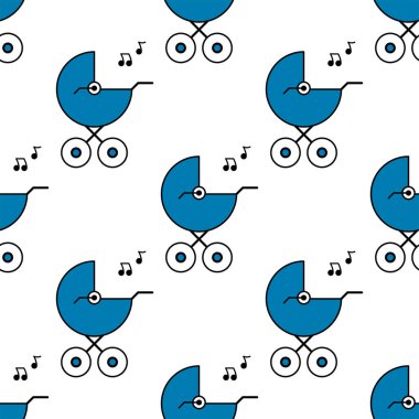 Bebek arabası ve melodi. Kusursuz desen. Beyaz ve siyah arka plan. Soyut geometrik şekil dokusu. Duvar kağıdı, sarma, tekstil için tasarım şablonu. Vektör İllüstrasyonu