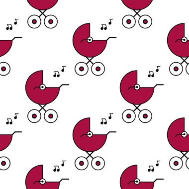 Bebek arabası ve melodi. Kusursuz desen. Beyaz ve siyah arka plan. Soyut geometrik şekil dokusu. Duvar kağıdı, sarma, tekstil için tasarım şablonu. Vektör İllüstrasyonu