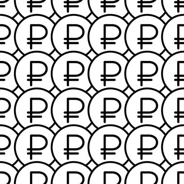 Sikkeler sorunsuz desen. Beyaz ve siyah para ruble işareti. Soyut geometrik şekil dokusu. Duvar kağıdı, sarma, tekstil için tasarım şablonu. Vektör İllüstrasyonu