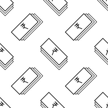 Kağıt para sorunsuz desen. Rupi işareti olan beyaz ve siyah sikke. Soyut geometrik şekil dokusu. Duvar kağıtları, sarma, tekstil için tasarım şablonu. Vektör İllüstrasyonu