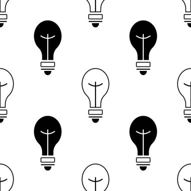 Ampul simgesi dikişsiz desen. Beyaz ve siyah arka plan. Soyut geometrik şekil dokusu. Duvar kağıtları, sarma, tekstil için tasarım şablonu. Vektör İllüstrasyonu