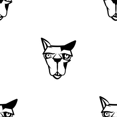 Komik çizgi film kedi karakteri. Kusursuz desen. Duvar kağıtları, sarma, tekstil için tasarım şablonu. Siyah-beyaz hayvan kafası. Vektör İllüstrasyonu