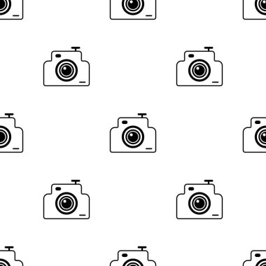 Fotoğraf kamerası sorunsuz desen. Beyaz ve siyah arka plan. Soyut geometrik şekil dokusu. Duvar kağıtları, sarma, tekstil için tasarım şablonu. Vektör İllüstrasyonu