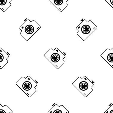 Fotoğraf kamerası sorunsuz desen. Beyaz ve siyah arka plan. Soyut geometrik şekil dokusu. Duvar kağıtları, sarma, tekstil için tasarım şablonu. Vektör İllüstrasyonu